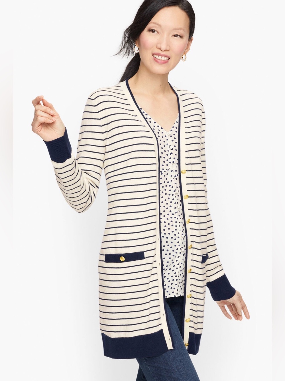 Talbots Supersoft Tipped Cardigan Ivory & Navy Size XLP